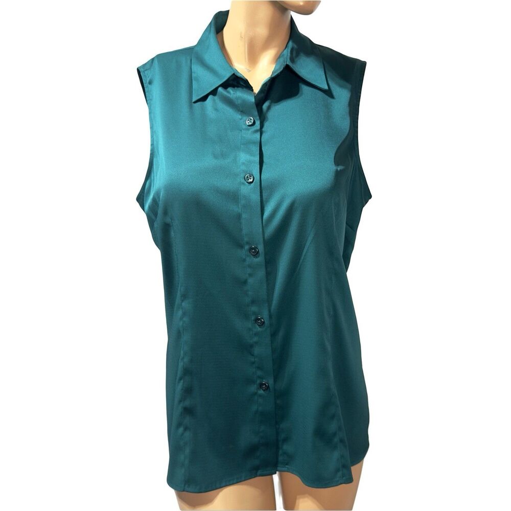 Kasper Size 14 Sleeveless Button Up Shirt Peacock Green Satin Top NWT